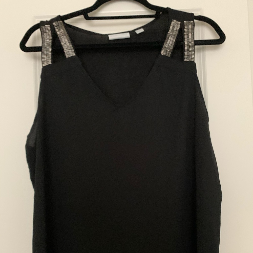 Black sheer tank top with beaded accent on straps